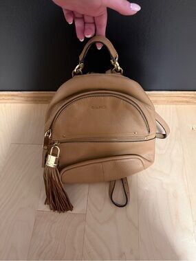 Calvin Klein Camel/Tan Pebbled Leather Mini Backpack with Tassel